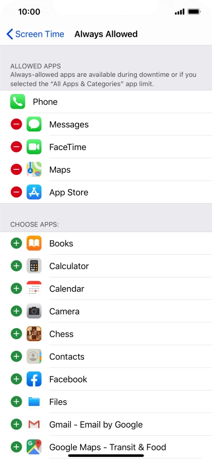 Press the remove icon next to the required app to remove it from the list of allowed apps during Downtime.