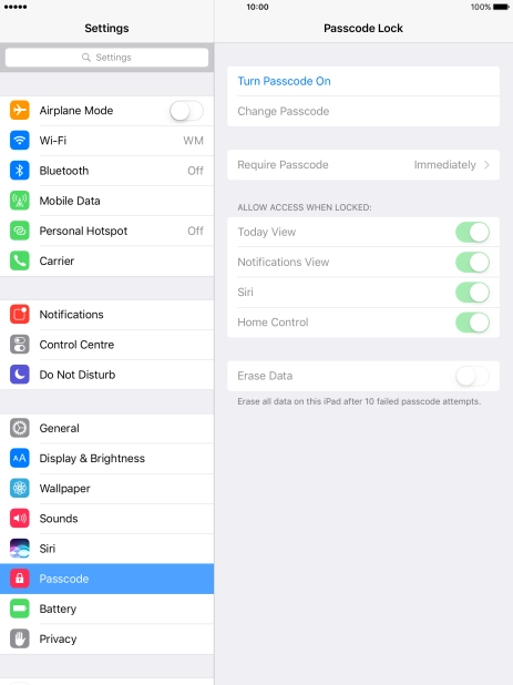 Press Turn Passcode On and key in a lock code of your own choice twice.