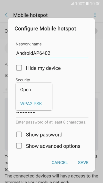 Press WPA2 PSK to password protect your Wi-Fi hotspot.