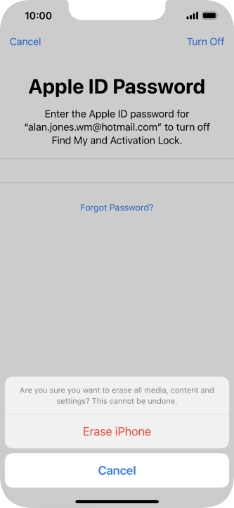 Key in the password for your Apple ID and press Erase iPhone. Wait a moment while the factory default settings are restored. Follow the instructions on the screen to set up your phone and prepare it for use.
