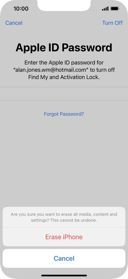 Key in the password for your Apple ID and press Erase iPhone. Wait a moment while the factory default settings are restored. Follow the instructions on the screen to set up your phone and prepare it for use.