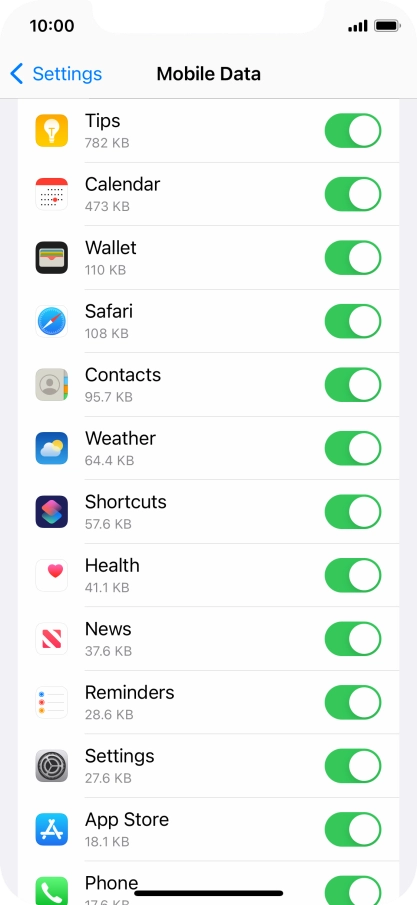 The data usage for each application is displayed below the name of the application.