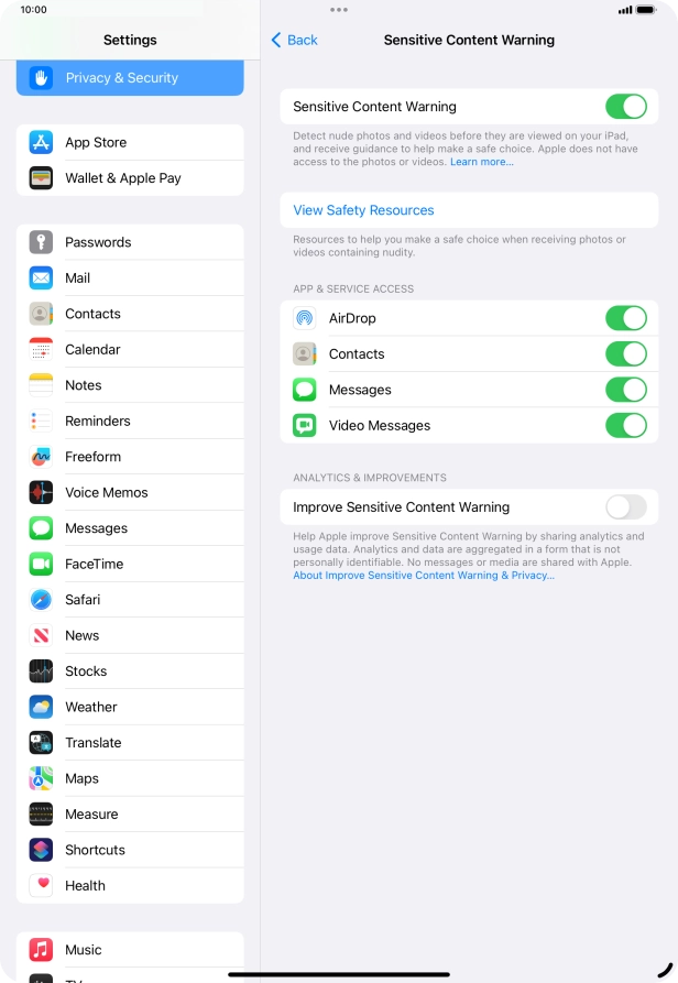 Press the indicators next to the required applications to turn the function on or off.