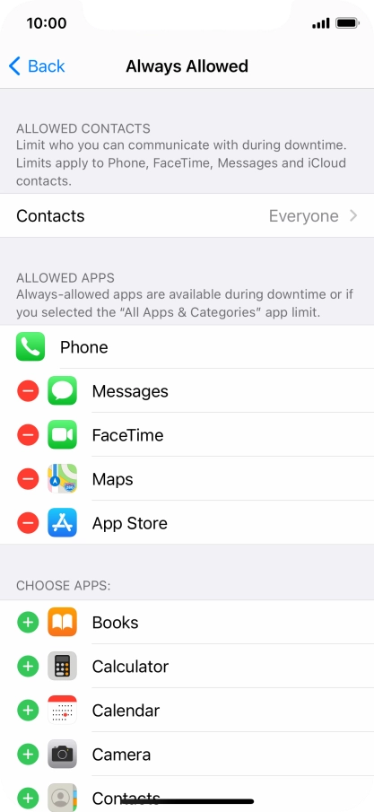 Press the remove icon next to the required app to remove it from the list of allowed apps during Downtime.