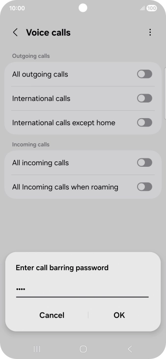 Key in your barring password and press OK. The default barring password is 0000.