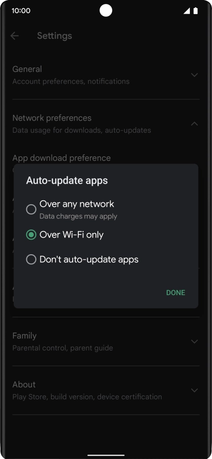 To turn on automatic update of apps using mobile network, press Over any network.