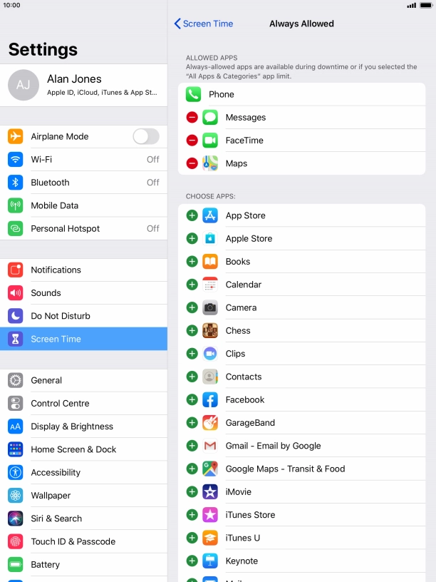 Press the add icon next to the required app to add it to the list of allowed apps during Downtime.