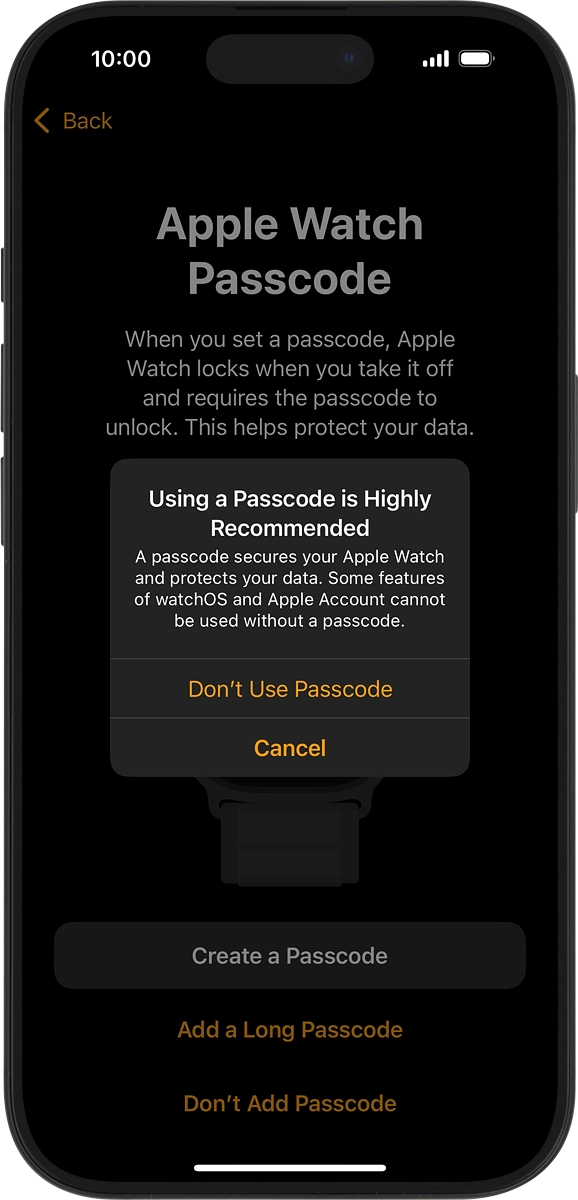 On your phone: Press Don't Use Passcode.