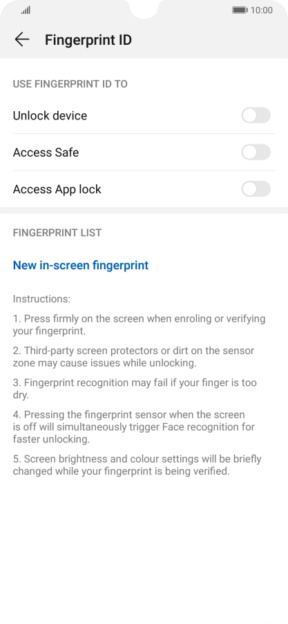 Press New in-screen fingerprint.