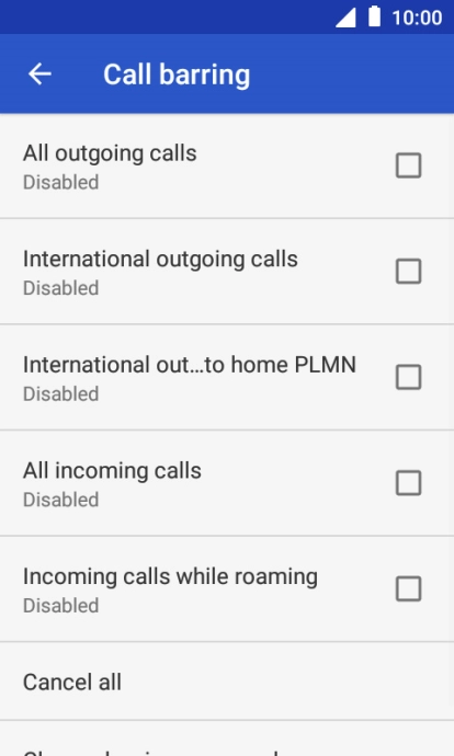 Press the field next to the required barring type.