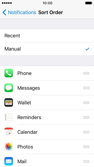 To sort notifications manually, press the organise icon next to the required menu item and drag it to the required position on the list.