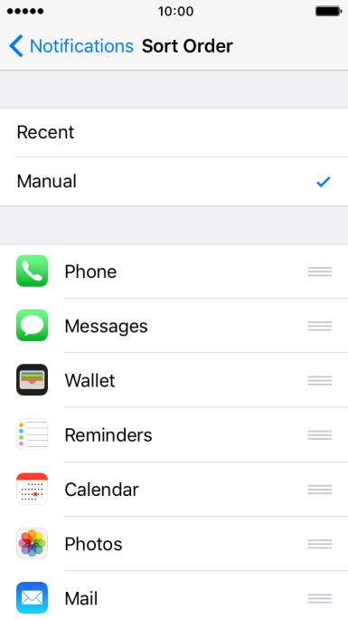 To sort notifications manually, press the organise icon next to the required menu item and drag it to the required position on the list.