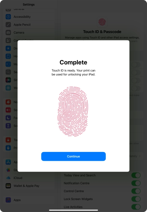 Press Continue. If you haven't previously selected a lock code, key in a code of your own choice twice.