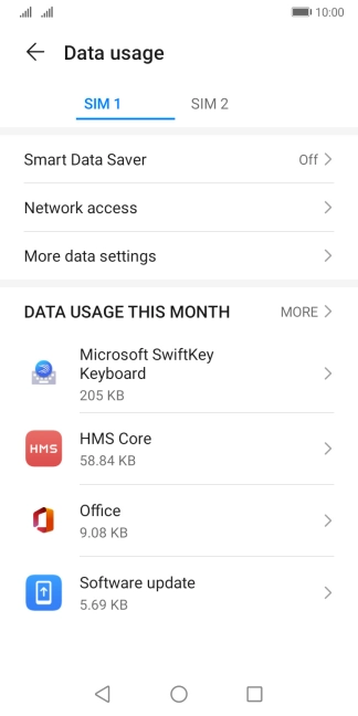 The data usage for each application is displayed below the name of the application.