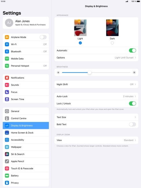 If you turn on the function, press Options and follow the instructions on the screen to select the required period of time for Dark Mode.