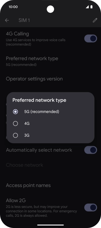 Press the required network mode.