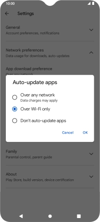 To turn on automatic update of apps using mobile network, press Over any network.