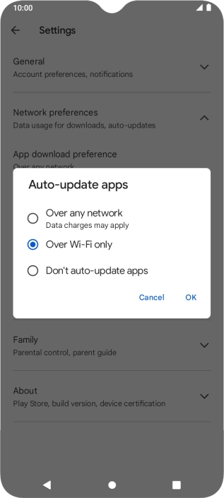 To turn on automatic update of apps using mobile network, press Over any network.