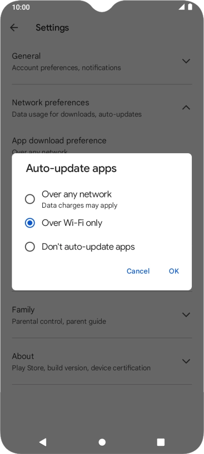 To turn on automatic update of apps using mobile network, press Over any network.