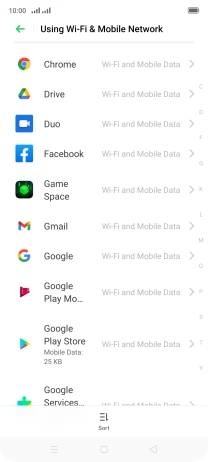 The data usage for each application is displayed below the name of the application.