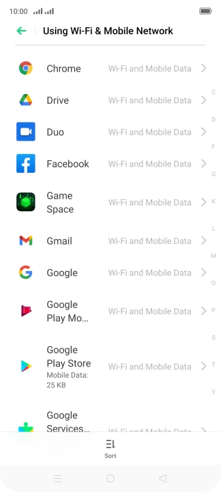 The data usage for each application is displayed below the name of the application.