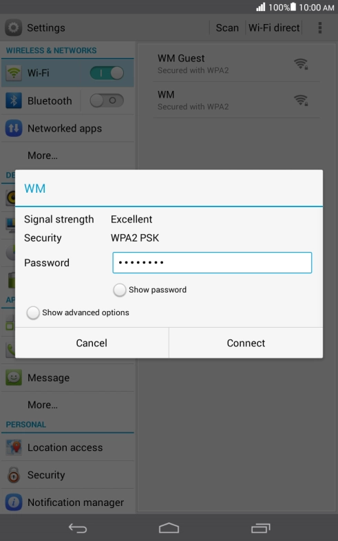Key in the password for the Wi-Fi network and press Connect.