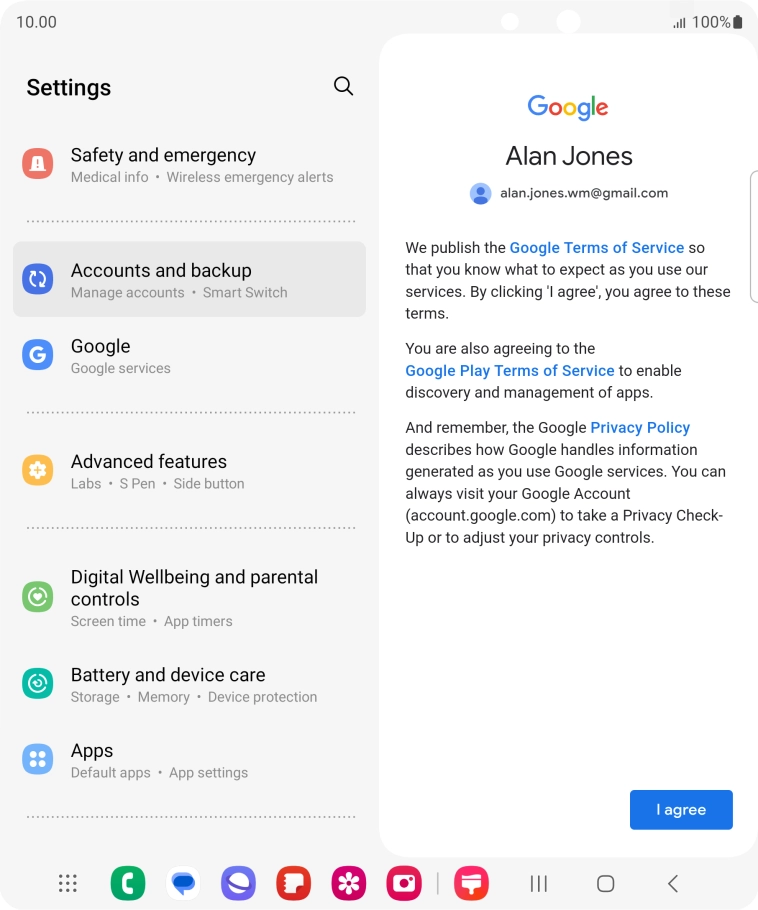 Press I agree and follow the instructions on the screen to select settings for your Google account.
