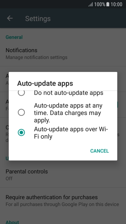 To turn on automatic update of apps using Wi-Fi, press Auto-update apps over Wi-Fi only.