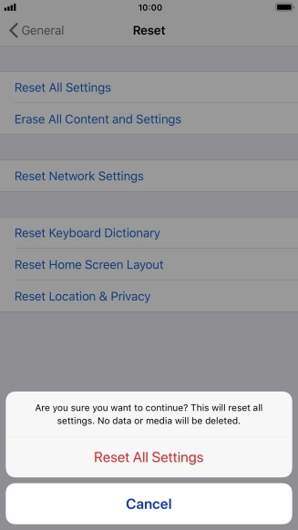 Press Reset All Settings. Wait a moment while the factory default settings are restored. Follow the instructions on the screen to set up your phone and prepare it for use.
