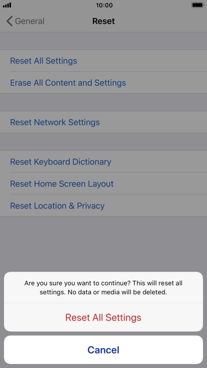 Press Reset All Settings. Wait a moment while the factory default settings are restored. Follow the instructions on the screen to set up your phone and prepare it for use.