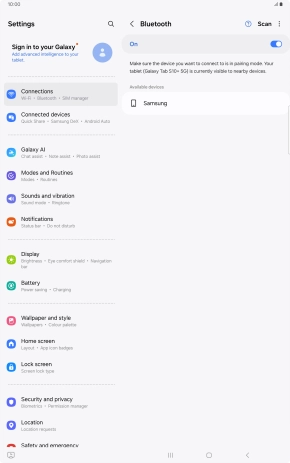 Press the required Bluetooth device and follow the instructions on the screen to pair the device with your tablet.