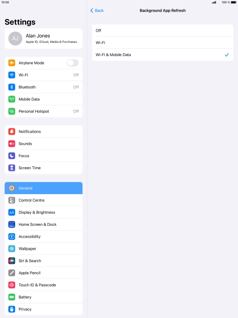 To turn off background refresh of apps, press Off.