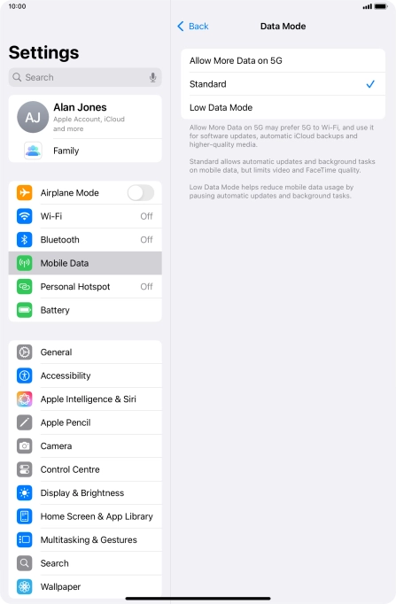 Press the required setting to turn the function on or off.
