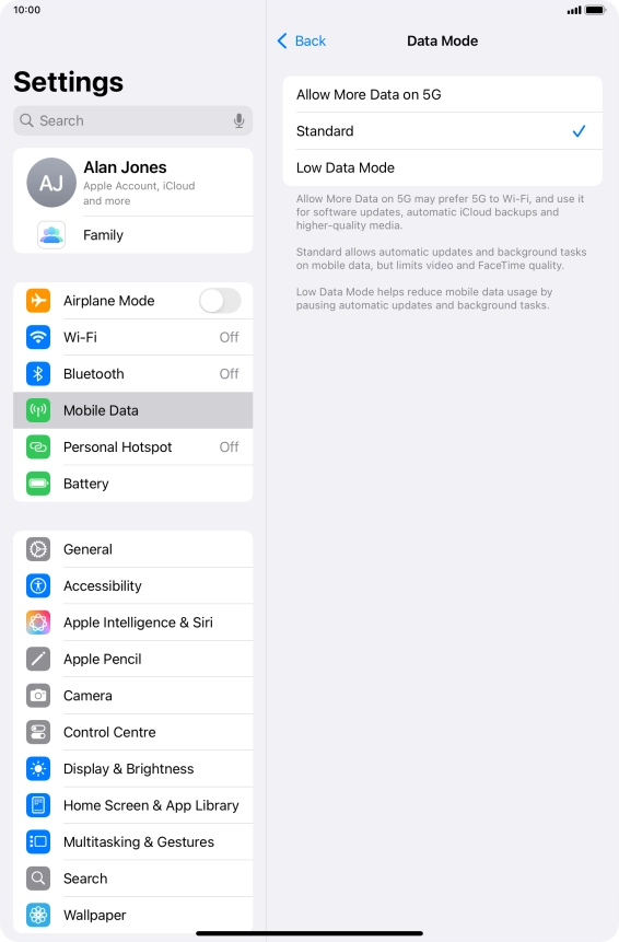Press the required setting to turn the function on or off.