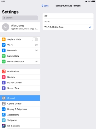 To turn off background refresh of apps, press Off.