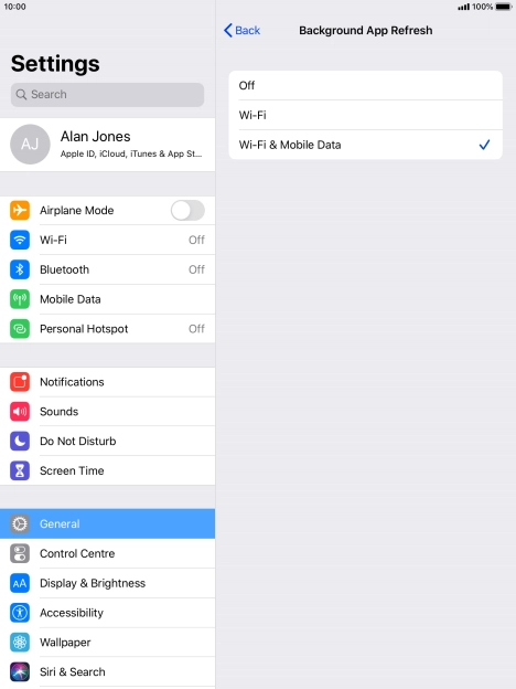To turn off background refresh of apps, press Off.