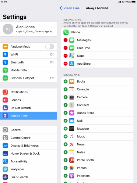 Press the remove icon next to the required app to remove it from the list of allowed apps during Downtime.
