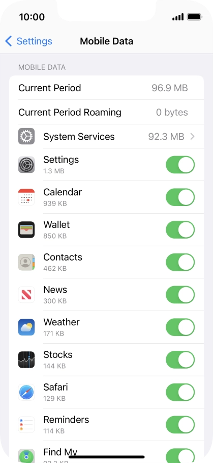 Press the indicators next to the required applications to turn the function on or off.