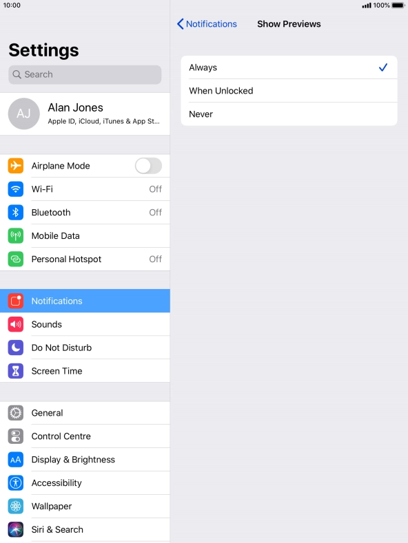 To select notification preview on the lock screen, press Always.