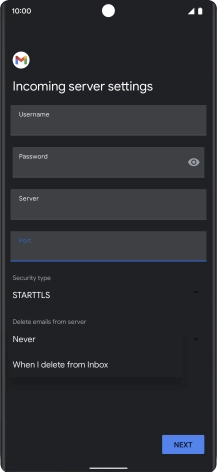 Press Never to keep email messages on the server when you delete them on your phone.