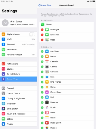 Press the add icon next to the required app to add it to the list of allowed apps during Downtime.