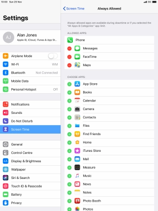 Press the add icon next to the required app to add it to the list of allowed apps during Downtime.