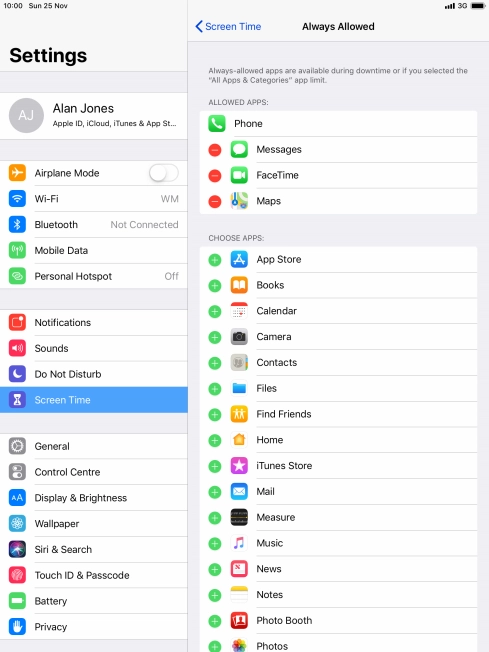 Press the add icon next to the required app to add it to the list of allowed apps during Downtime.