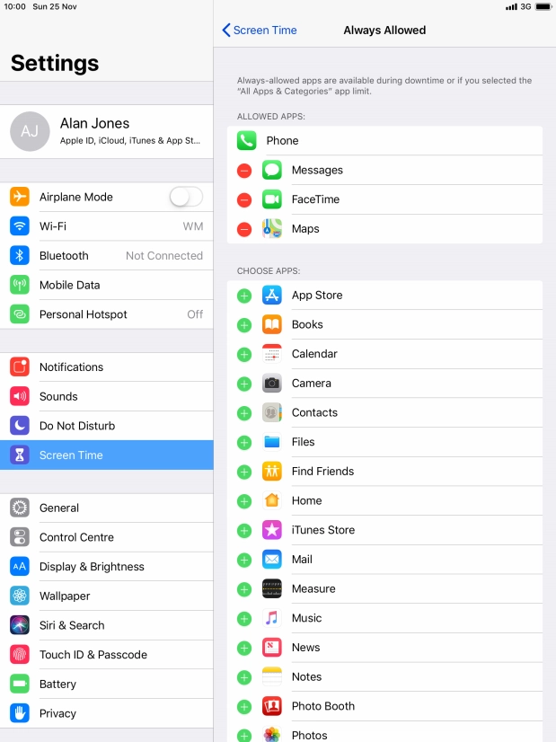 Press the add icon next to the required app to add it to the list of allowed apps during Downtime.