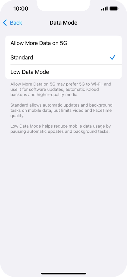 Press the required setting.
