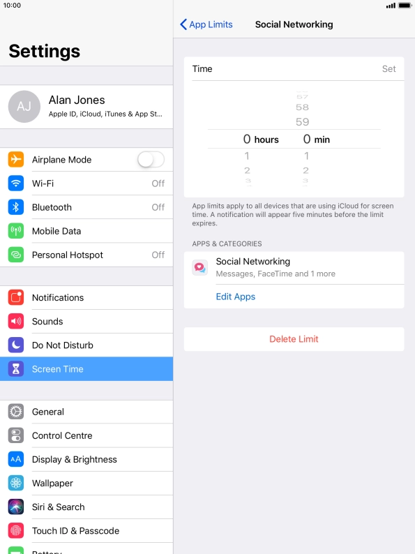 Set the required time limit for use of the selected category.