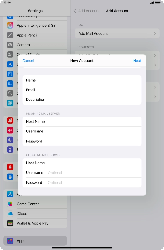 Press Username and key in the username for your email account. Please note that if you're using Vodafone's outgoing server, leave the username field empty.
