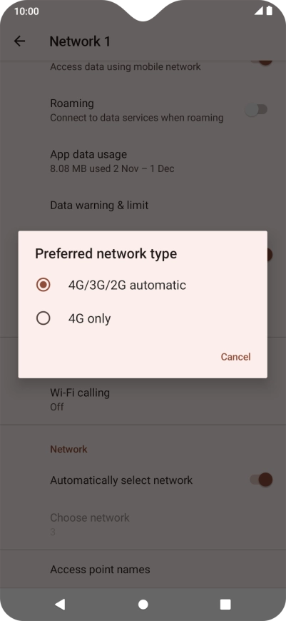 Press the required network mode.