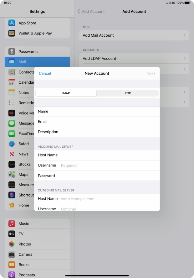 Press Username and key in the username for your email account.