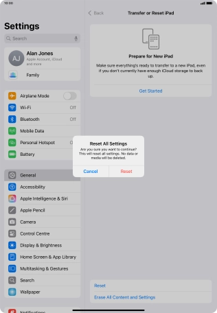 Press Reset. Wait a moment while the factory default settings are restored. Follow the instructions on the screen to set up your tablet and prepare it for use.